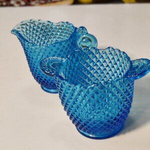 Imperial Glass Hobnail Depression cream and sugar in deep blue. Small sized